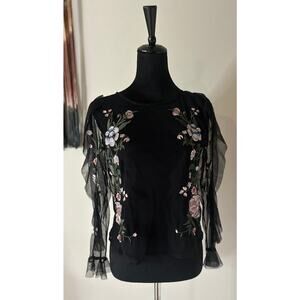 HONEY Sheer Embroidered Floral Ruffle Detail Long Sleeve Blouse Size S